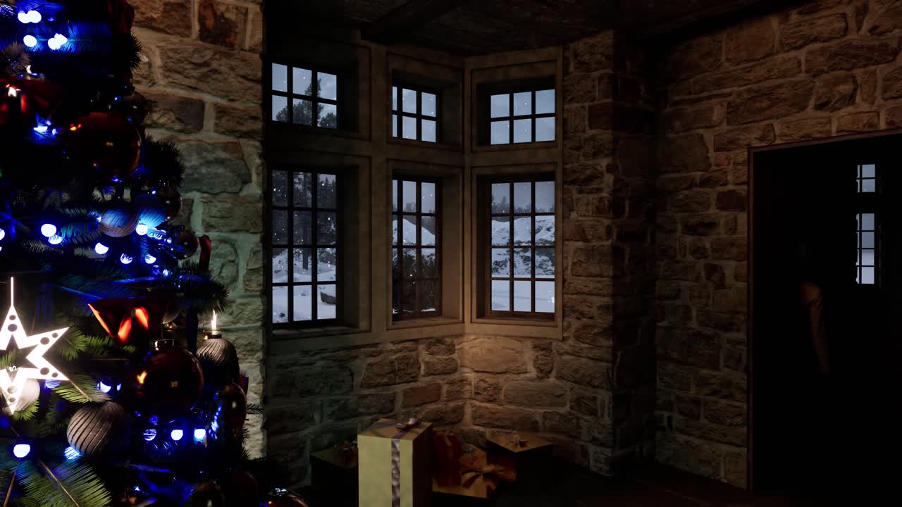 Christmas tree with light bulbs and christmas decorations inside an old dark stone house, with wooden window and winter scene outside 3D animation camera static