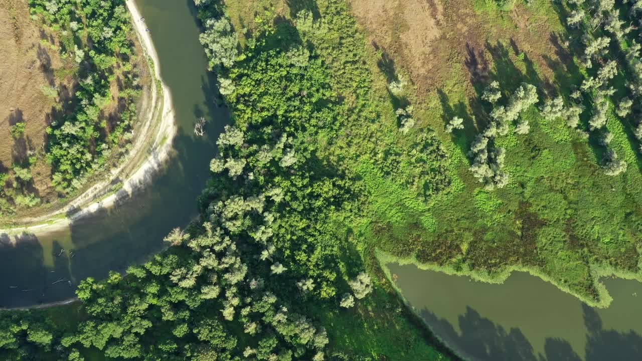 воздушный вид извилистой реки в лесу