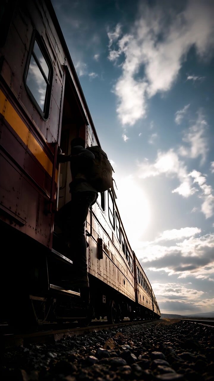 Backlit silhouette of single backpacked traveler climbing exterior metal steps into passenger train car, hand gripping door handle and foot raised on step, with strong contrast, open sky, travel mood