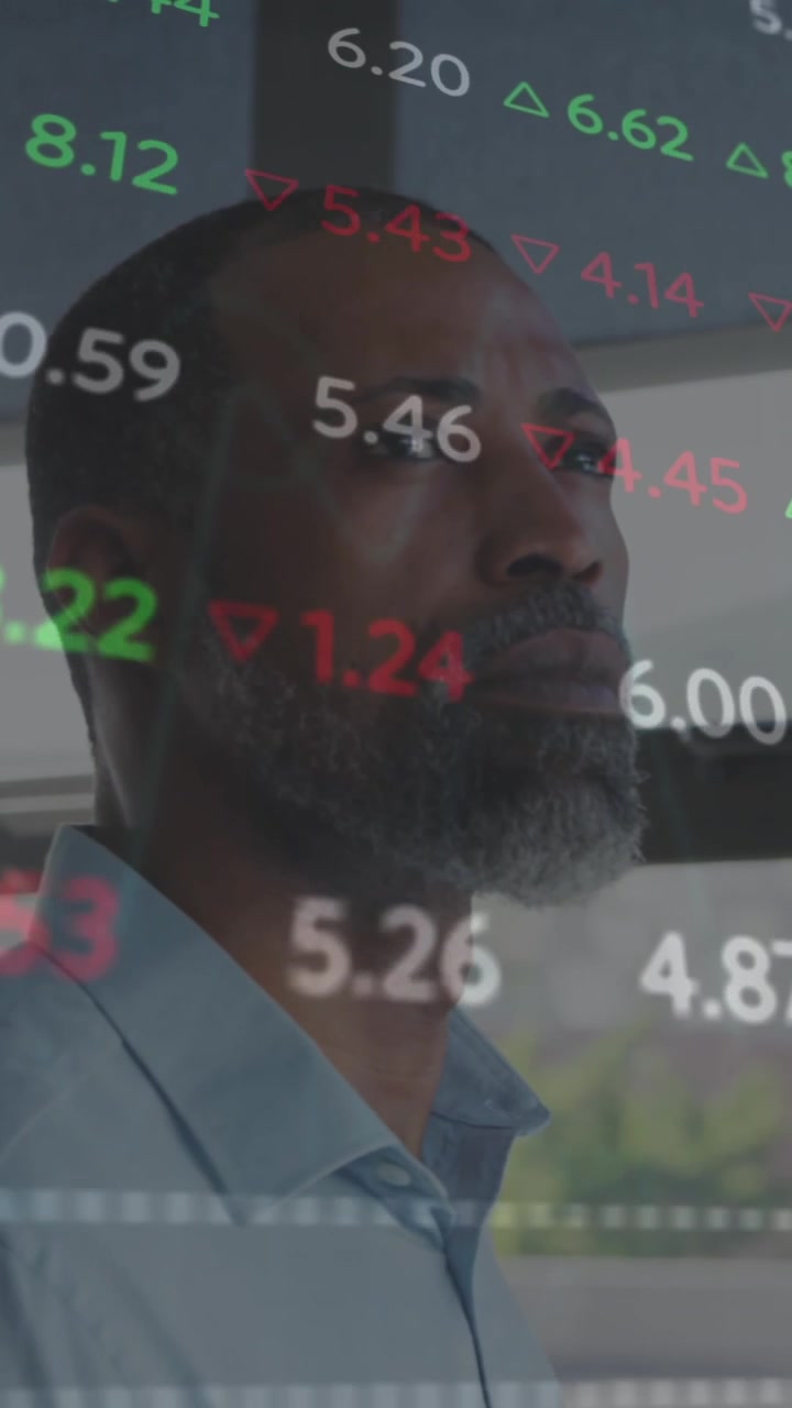 Animation of data processing over thoughtful african american man looking out of window at office