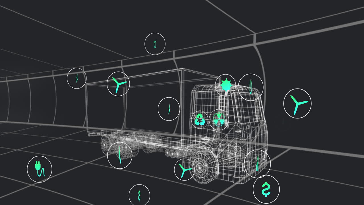 3d 트럭 모델 위의 여러 디지털 아이콘의 애니메이션은 검은색 배경에 원활한 패턴으로