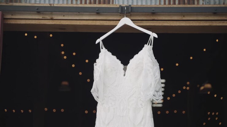 Handheld, beautiful white wedding dress hanging from a barn door