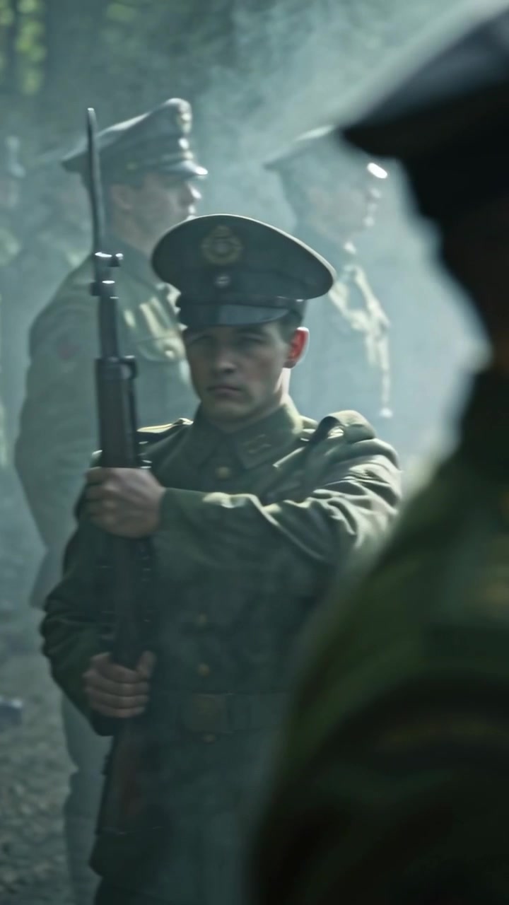 Vertical video: Cam panning revealing uniformed soldier holding rifle-bayonet in woods for ceremony