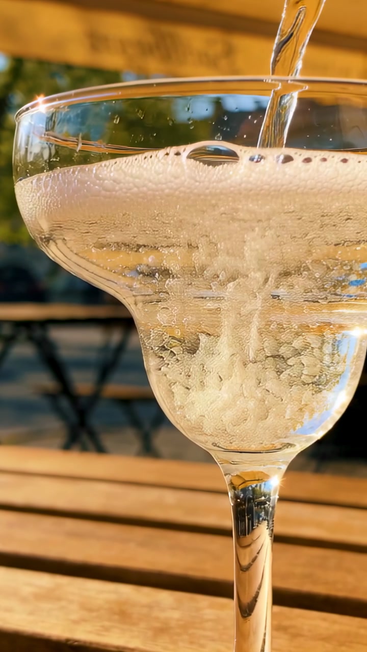 Golden Sparkling Wine Poured into a Glass on a Sunny Outdoor Table