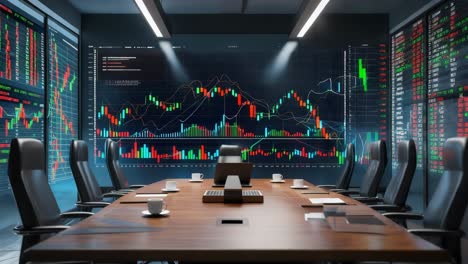 modern finance meeting room with digital displays
