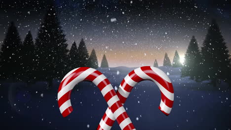 animation of snow falling over fir trees and candy canes