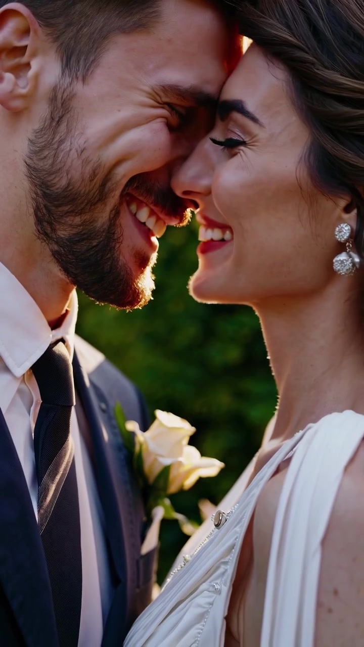 Novios felices sonriendo en un jardín soleado