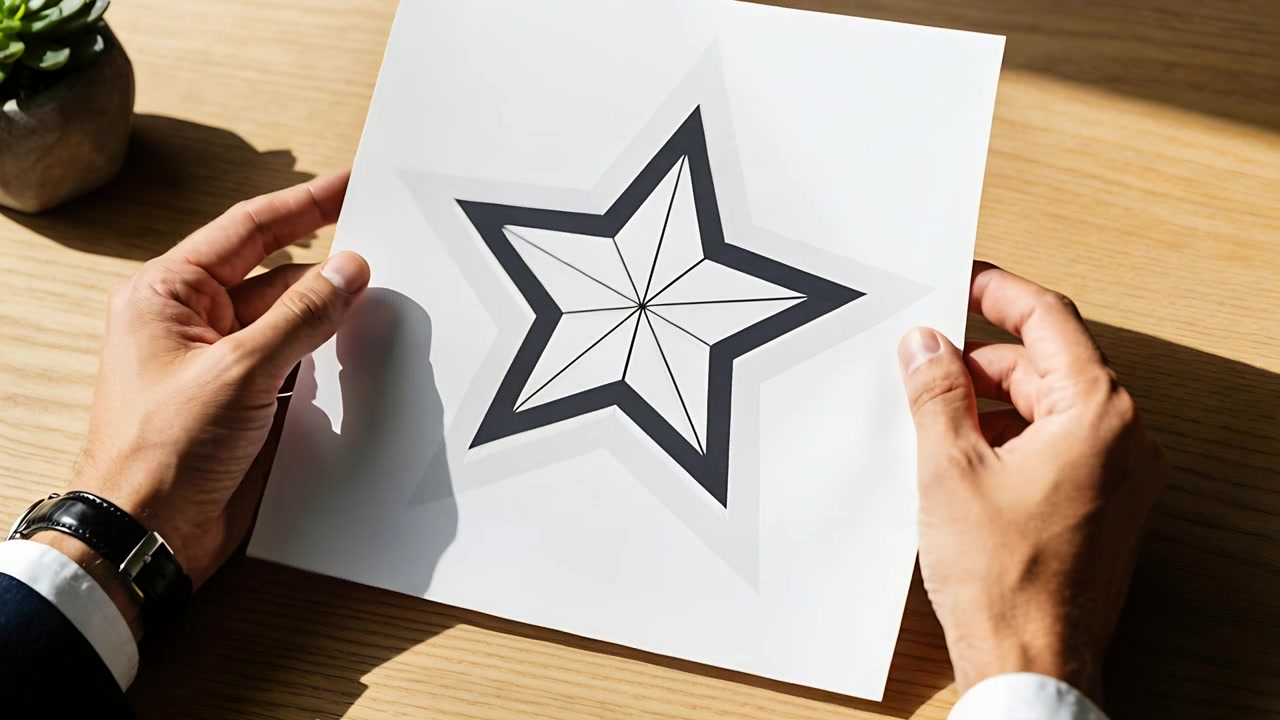 Sunlight hitting desk, man in blazer holding, bending white star sheet, altering star shadow, watch