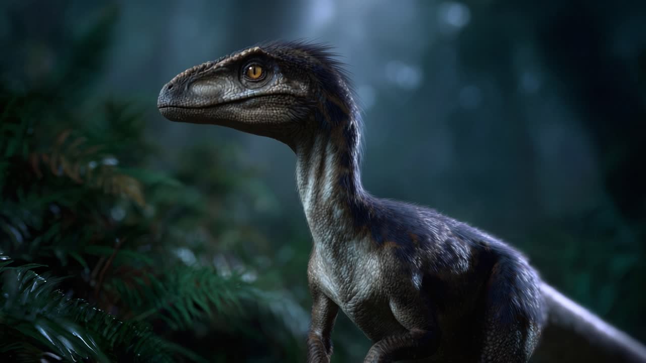 Incontro maestoso con un dinosauro: uno scorcio accattivante di un Velociraptor tra una lussureggiante vegetazione verde in un'ambientazione forestale mistica e scarsamente illuminata