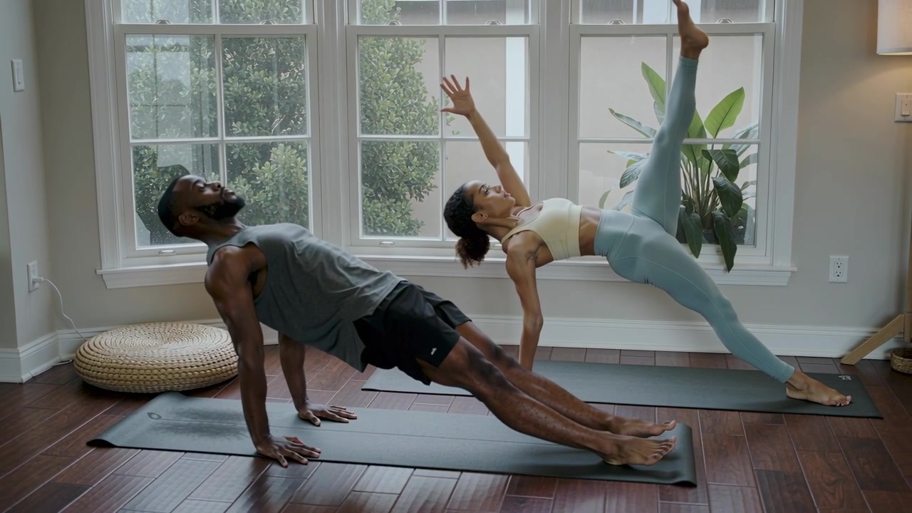 Pressing, couple working out lifting reverse-plank at home on mats, woman extending, man holding