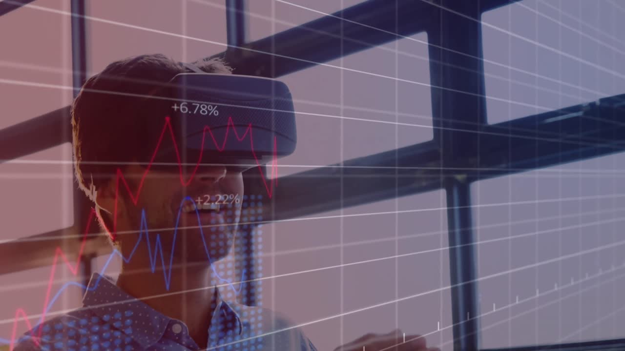 animación del procesamiento de datos financieros sobre el hombre de negocios usando auriculares vr