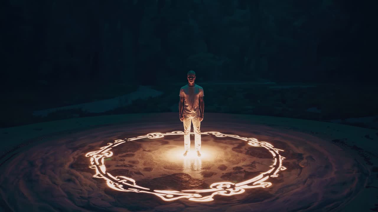 Uomo in piedi in un cerchio decorato e luminoso in un ambiente oscuro e misterioso