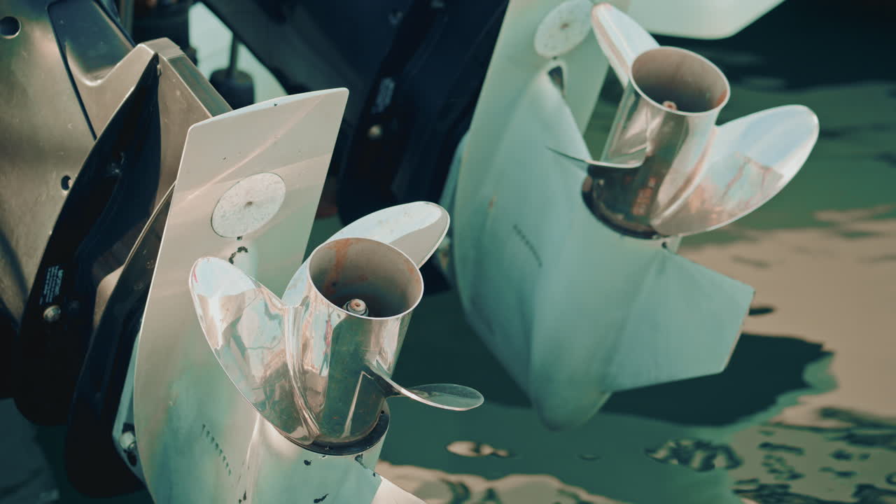 Two worn stainless steel boat propellers seen from above, rotating slightly in calm marina waters with abstract reflections