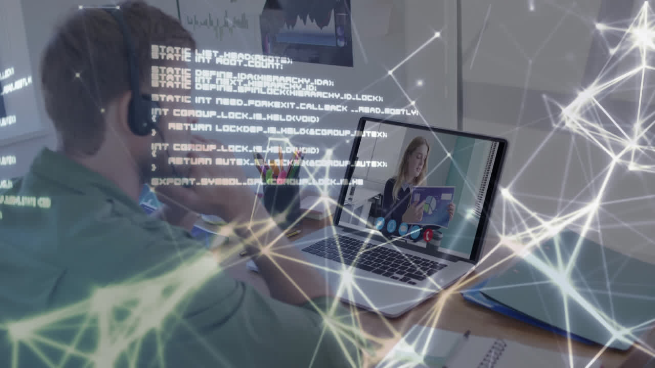 Animation of network of connections with data processing over man using laptop