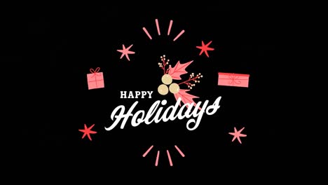 Animation-of-happy-holidays-text-at-christmas-and-presents-on-black-background