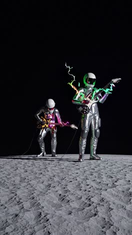two astronauts wearing spacesuits are standing on the surface of the moon, playing electric guitars surrounded by green energy and cables, with stars visible in the background during a spacewalk