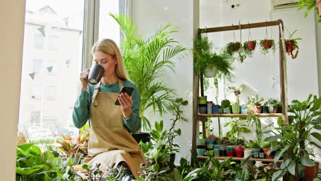 mujer en una floristería mirando su teléfono mientras bebe café