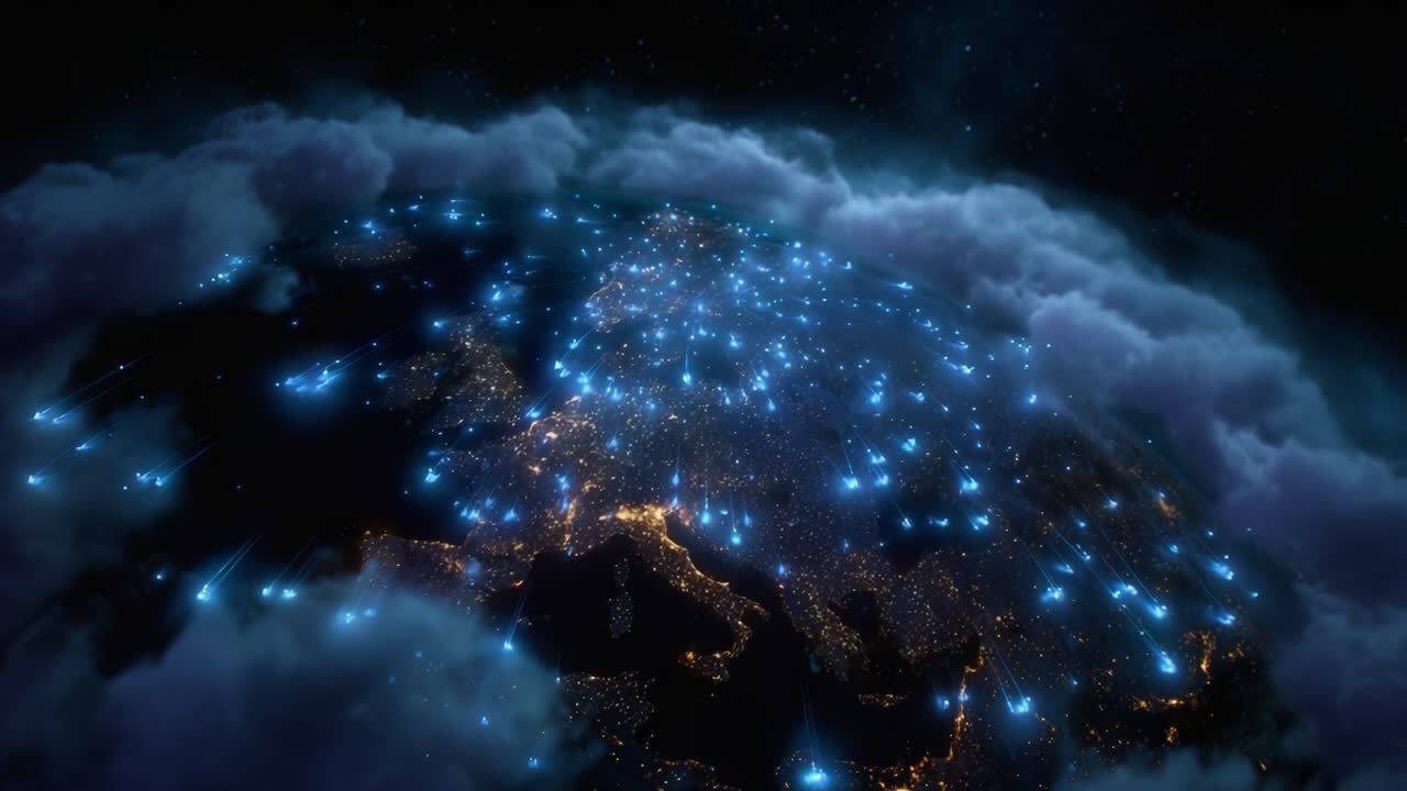 Blue digital lights pulse over Earth's night map, through clouds. Lights spread across continents, glowing network. Futuristic global connectivity or data flow shown. Ideal for tech, business