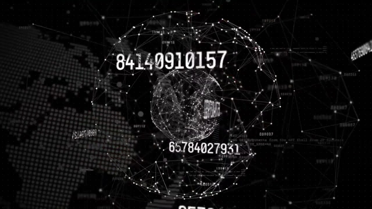 Animation of neon shapes, numbers and connections on black background