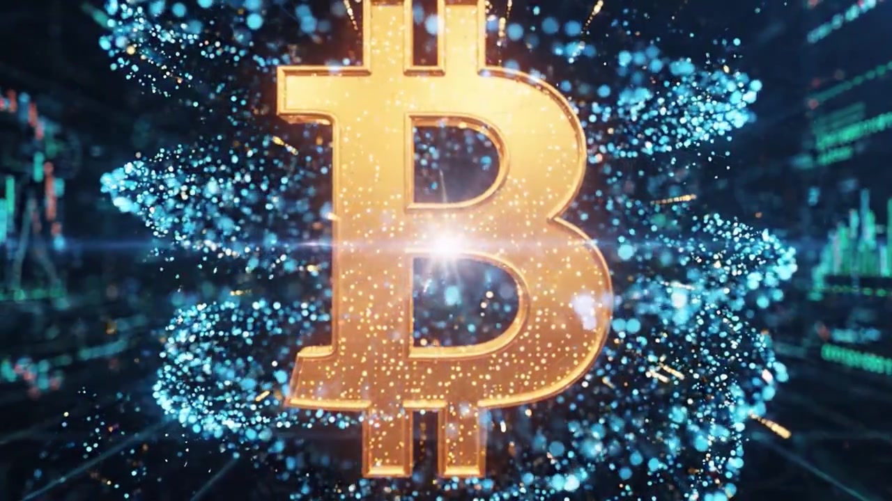 Illuminating the Future of Cryptocurrency: A Stunning Visualization of Bitcoin Surrounded by Dynamic Data Streams and Digital Particles
