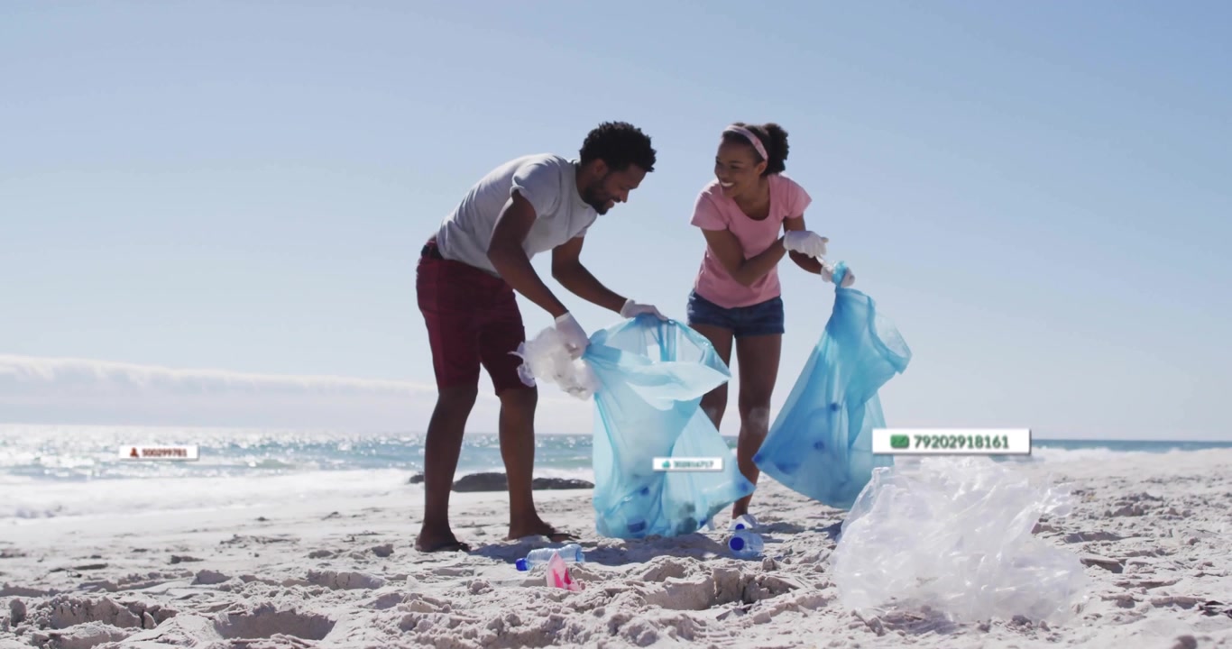 Arriving at beach, friends picking plastic debris into bags, floating tags tracking waste removal
