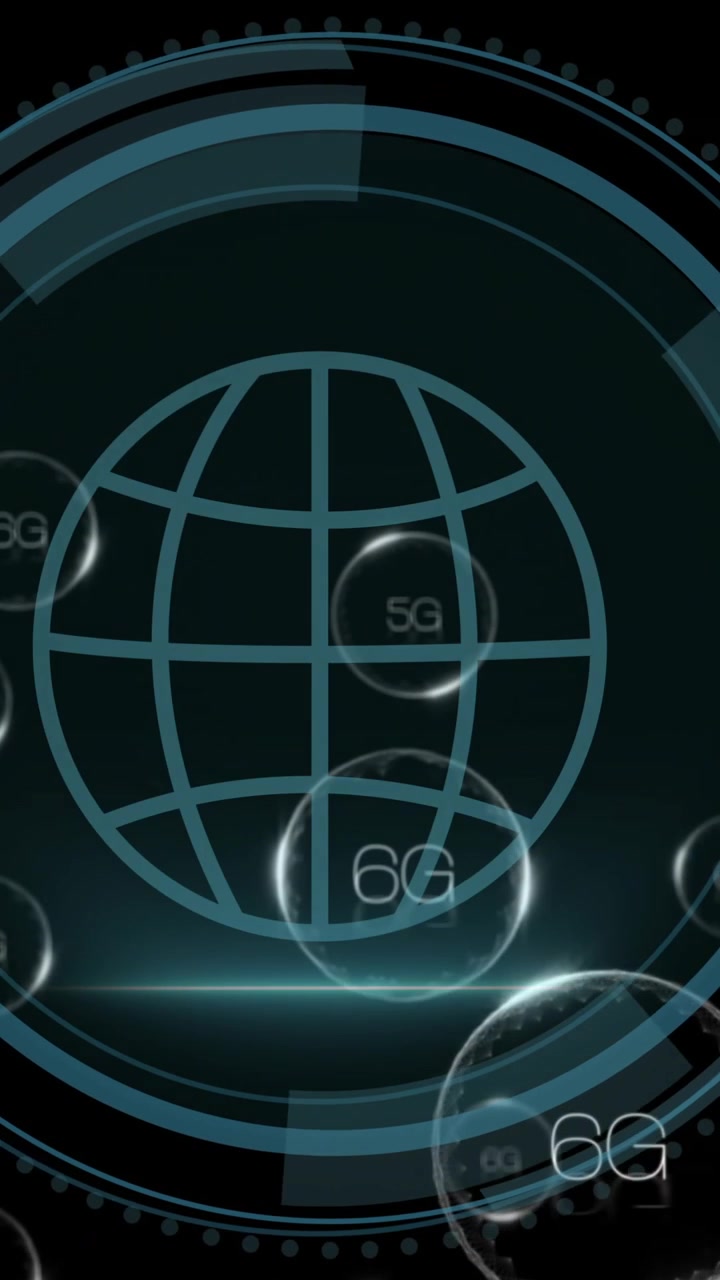 Animation of 6g text and digital data processing over globe on black background