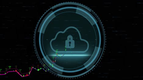 Animation-Eines-Diagramms-über-Einem-Vorhängeschloss-In-Einer-Wolke-Und-Kreisen-Vor-Zahlen-Auf-Schwarzem-Hintergrund