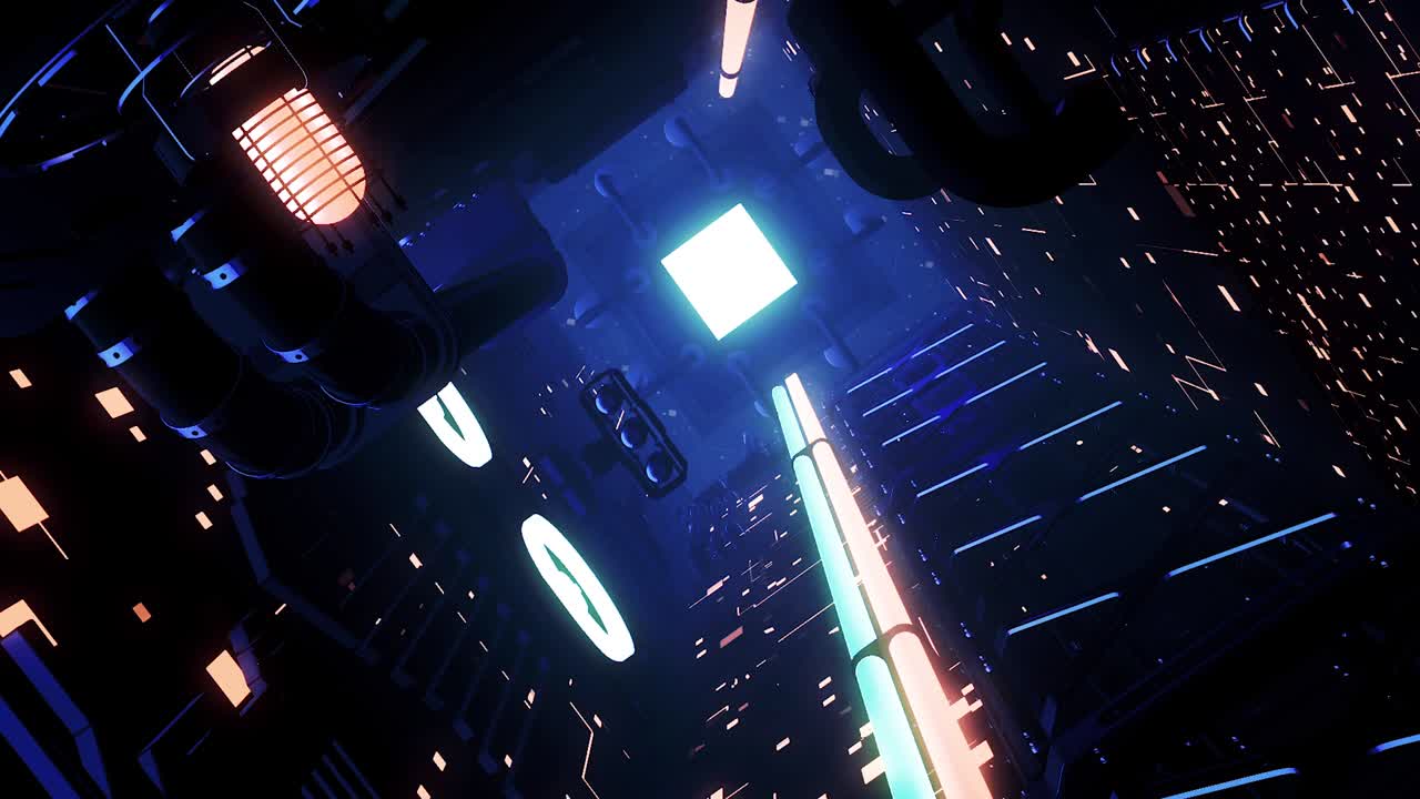 interior de una nave espacial alienígena futurista con luces relucientes, bucle sin costuras. movimiento. corredor oscuro de ciencia ficción con la luz al final del túnel.