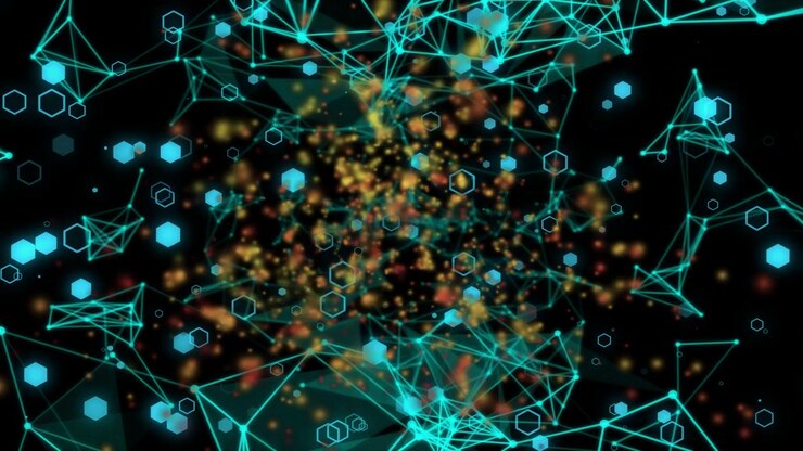 Central glow rising, particles pulsing, spilling into shifting teal mesh, forming layered 3D depth