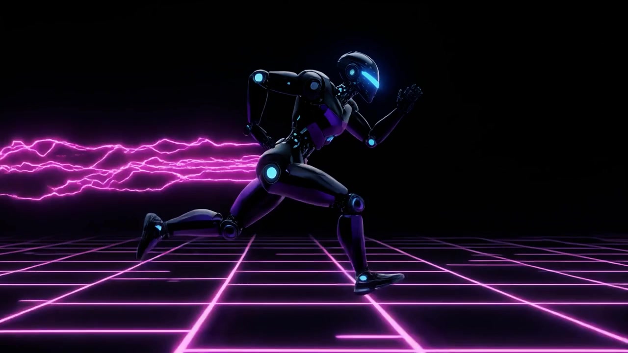 Futuristic Robot Running on a Glowing Neon Grid