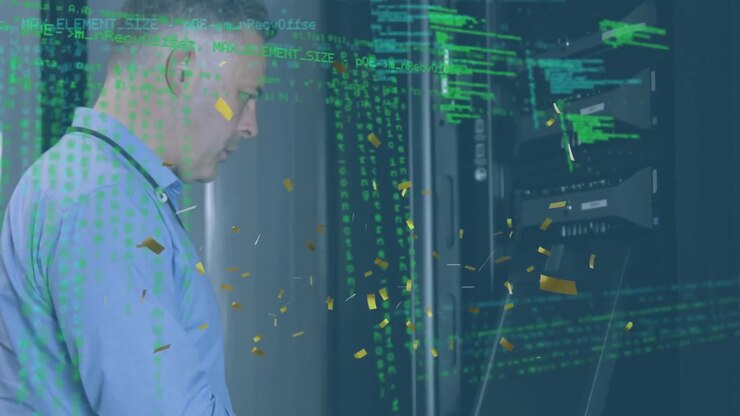 Animation of data processing and confetti over caucasian man using laptop