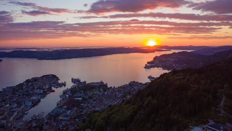 beautiful aerial shot over mount flã¸yen of a gorgeous colorful sunset in bergen, norway