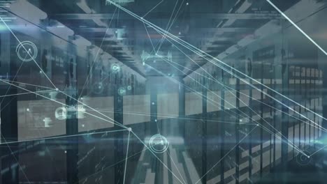 animation of network of connections and data processing over server room
