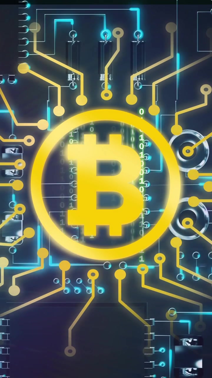 Símbolo de Bitcoin sobre conexiones de circuito con fondo azul