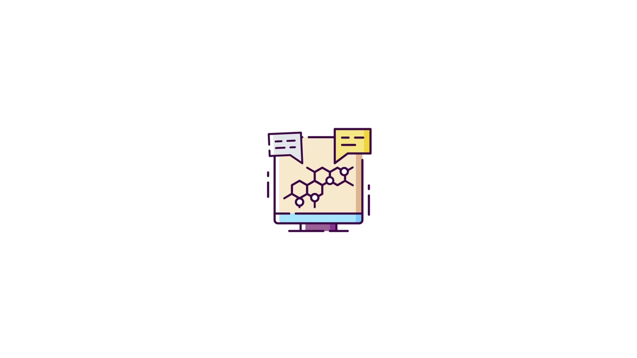 Animated Computer Monitor Displaying Chemical Structures and Chat Bubbles