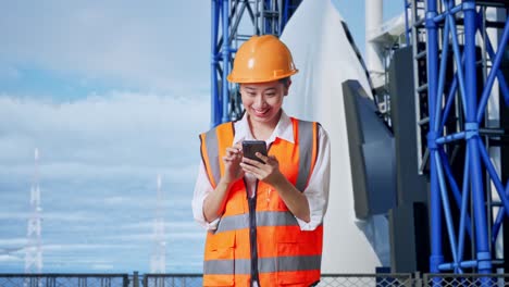 ingeniera asiática con casco de seguridad usando un teléfono inteligente mientras está de pie con el transbordador espacial