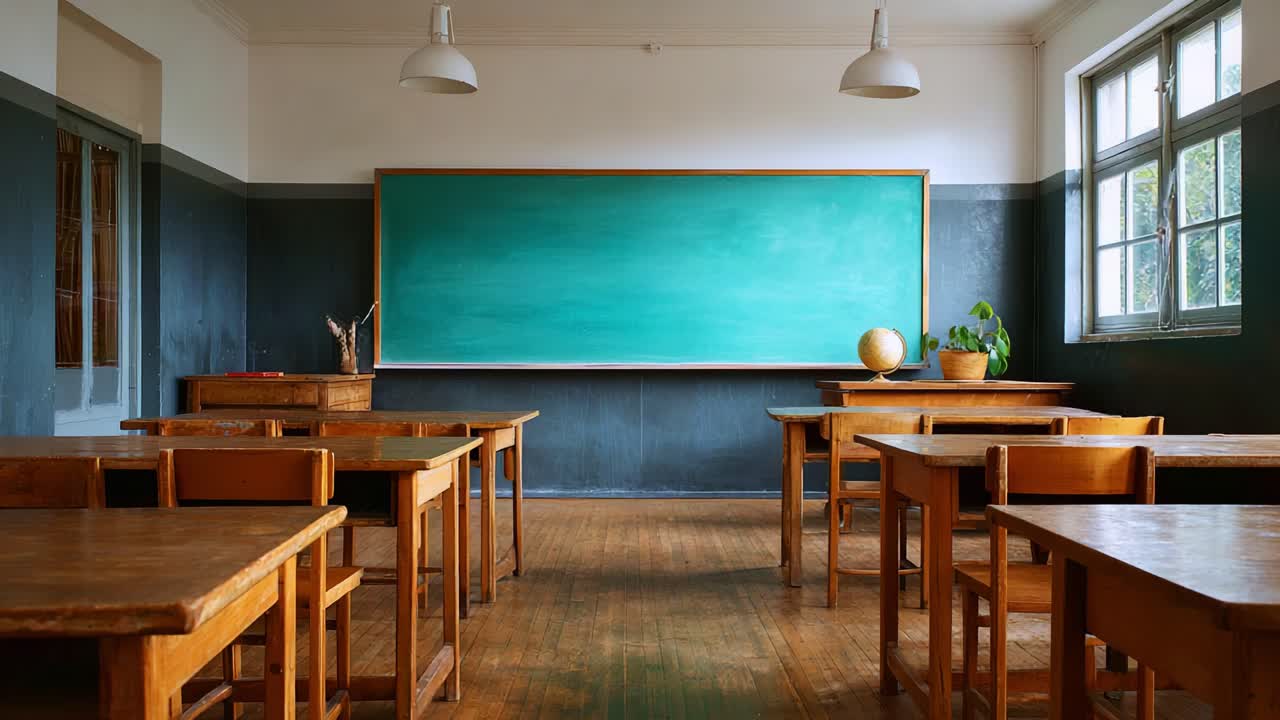 A Serene Classroom Setting with Vintage Wooden Desks and a Green Chalkboard, Evoking Learning and Education in a Cozy Atmosphere