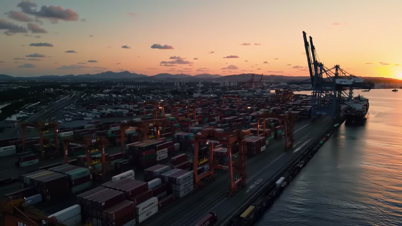 Aerial View of a Bustling Port at Sunset, Showcasing Stacks of Shipping Containers and Cranes Silhouetted Against a Golden Sky