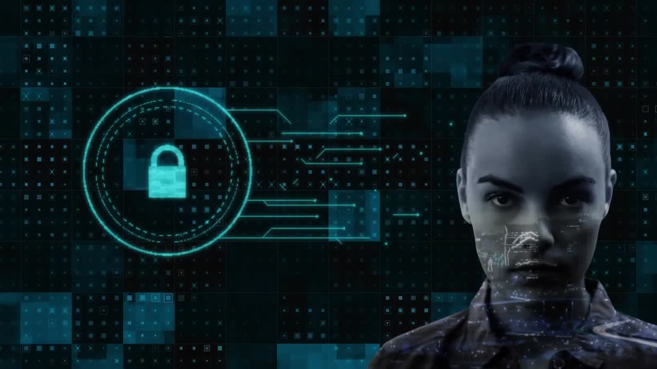 Animation of digital interface with data processing with online security padlock over woman's face