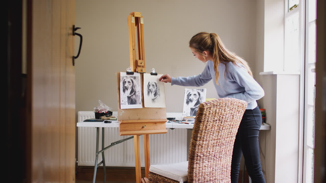 Vista attraverso la porta di una giovane artista donna al cavalletto che disegna un cane a carboncino