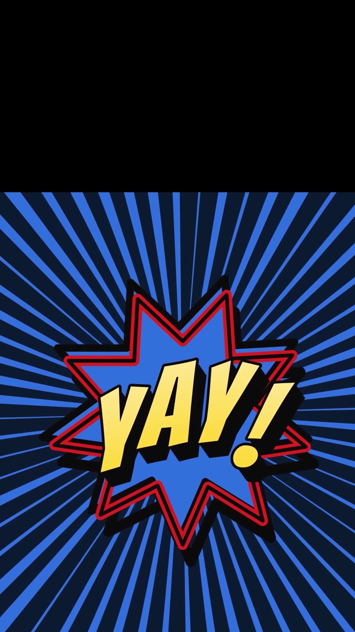Texto "yay" estilo cómic sobre un fondo radial azul giratorio con espacio de copia negro en la parte superior, bucle sin fin, formato vertical.