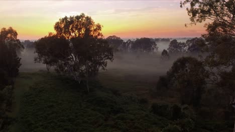 Stunning-drone-rising-shot-of-a-beautiful-misty-sunrise-in-the-outback-in-Queensland-Australia