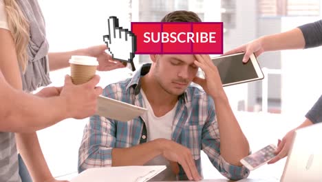 animation of subscribe and hand up over tired caucasian man and coworkers with tablets and coffee