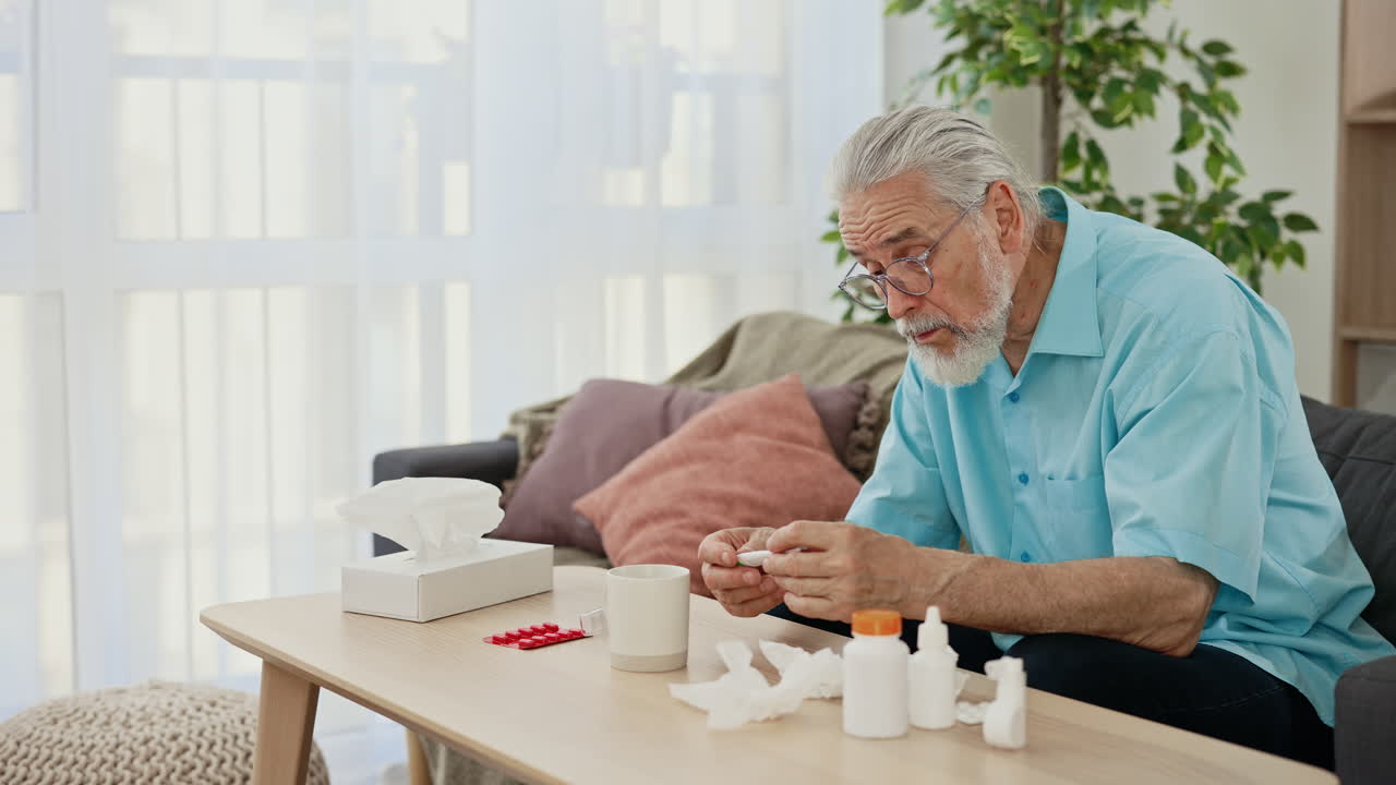 Elderly Man Taking Medication at Home