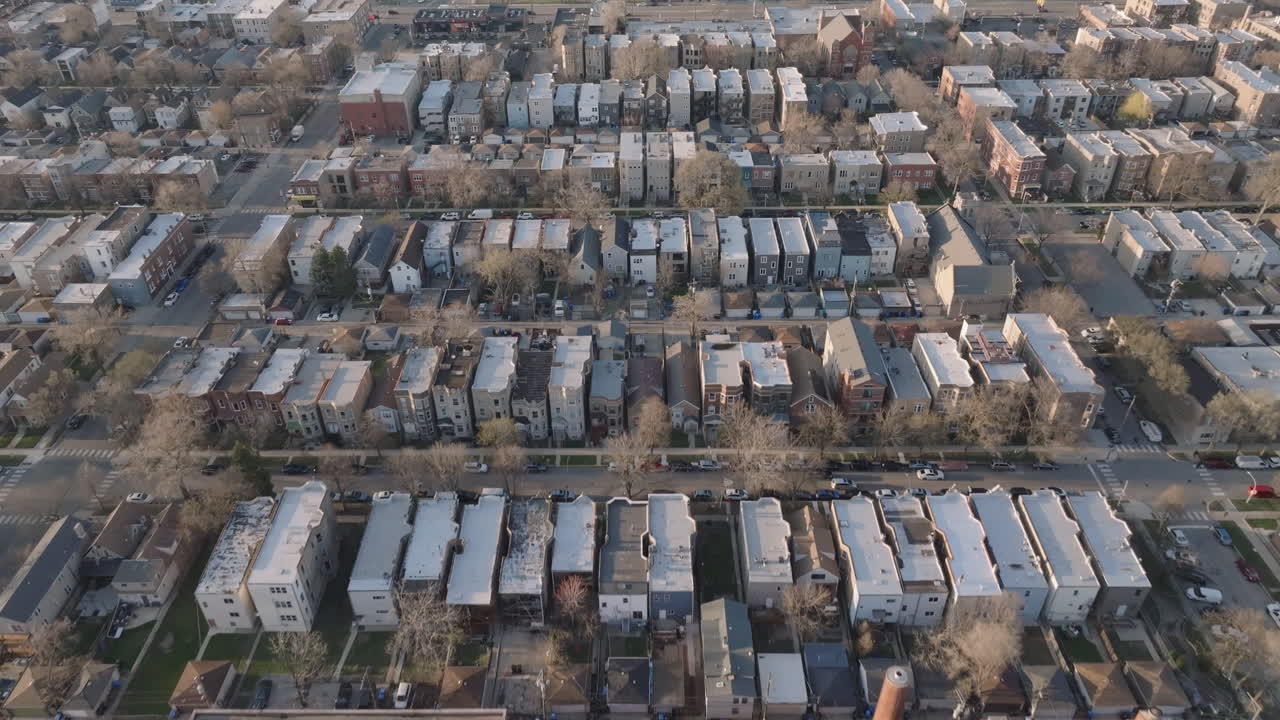 Aerial view of homes in Humboldt Park, Chicago. Shot on a spring day