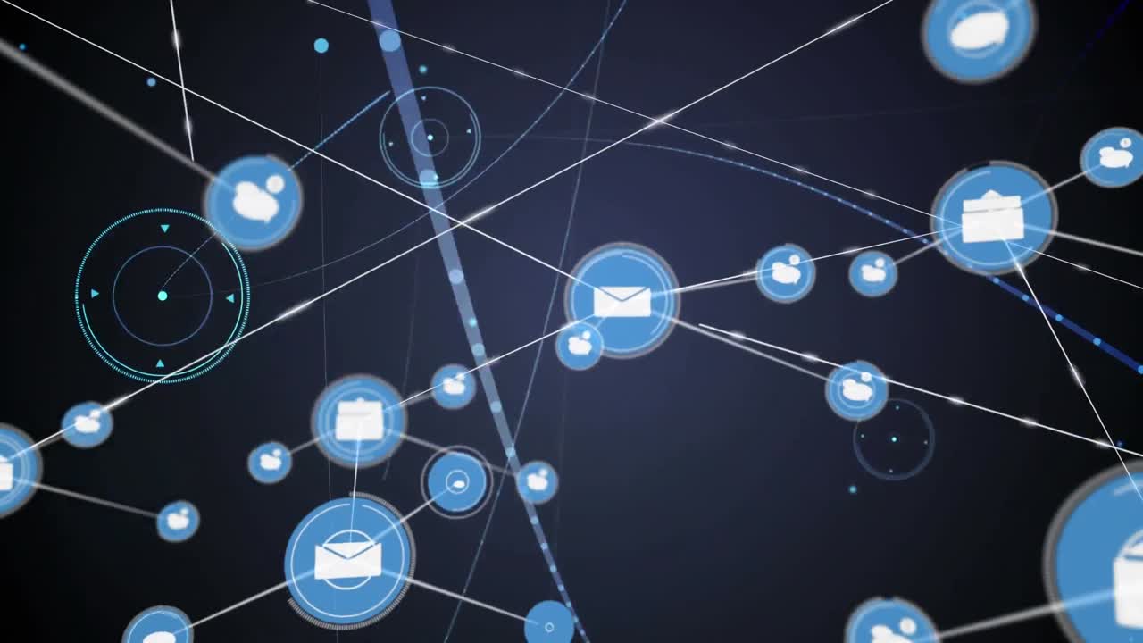 Animazione di rete di connessioni con icone su luci luminose su sfondo scuro