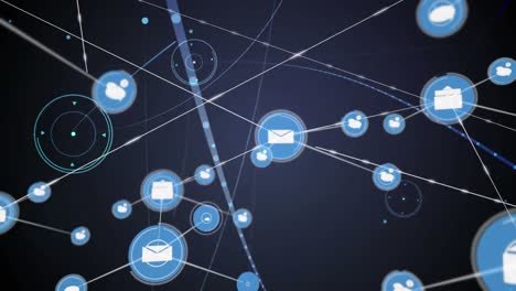 Animation of network of connections with icons over gloving lights on dark background