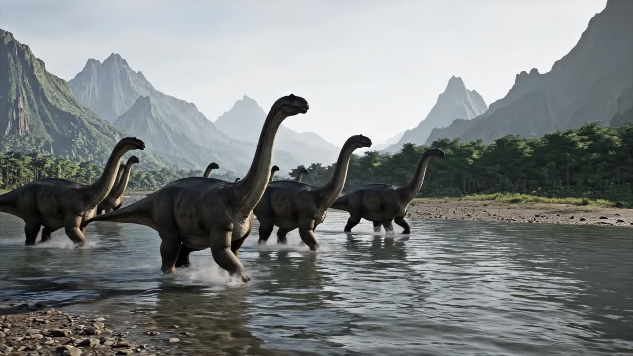 Sauropods crossing a river