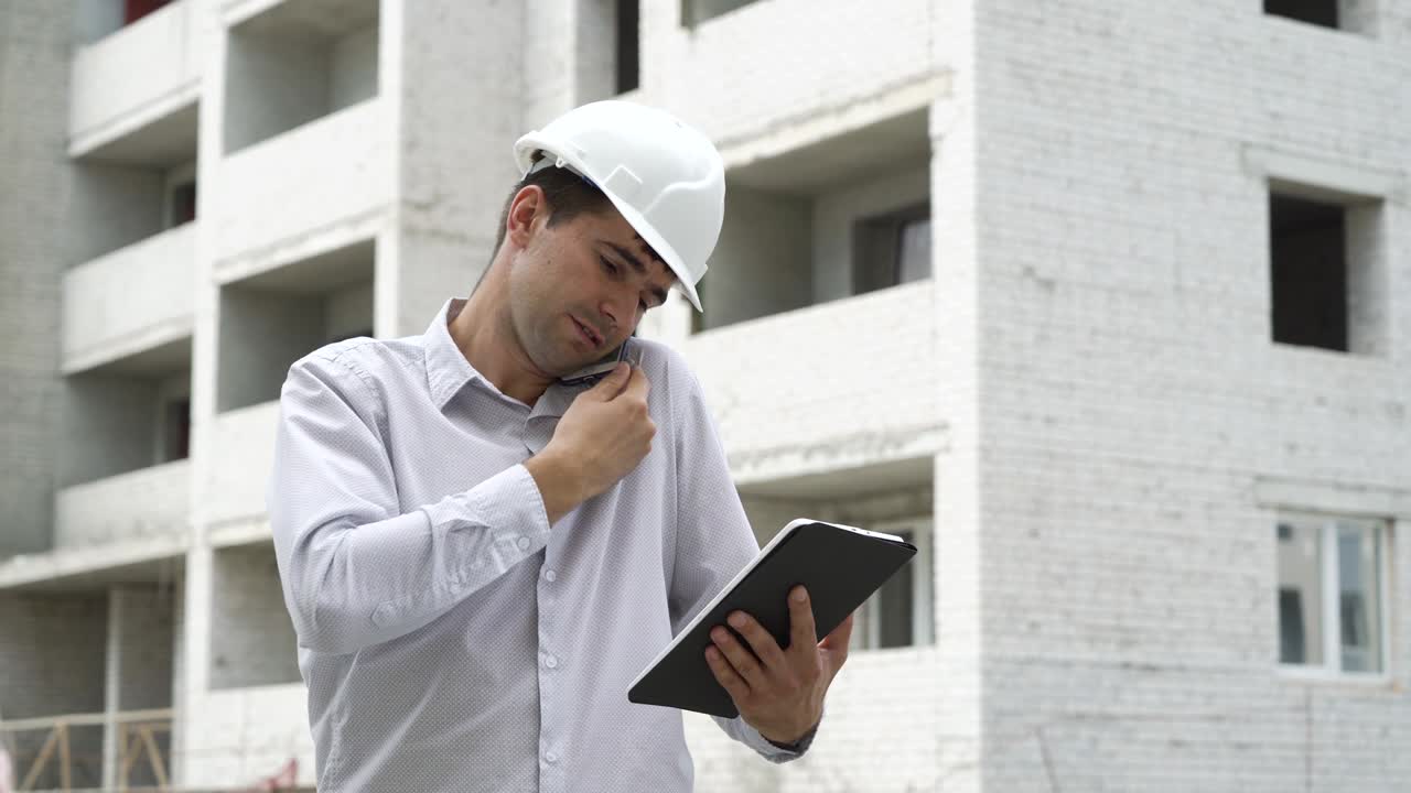 ingeniero hombre con tableta hablando en teléfono móvil y comprobando el proceso de tecnología de construcción