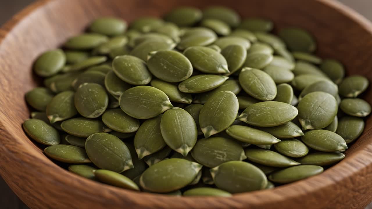 A Close-Up View of Fresh Pumpkin Seeds Displayed in a Wooden Bowl, Showcasing Their Vibrant Green Color and Natural Texture